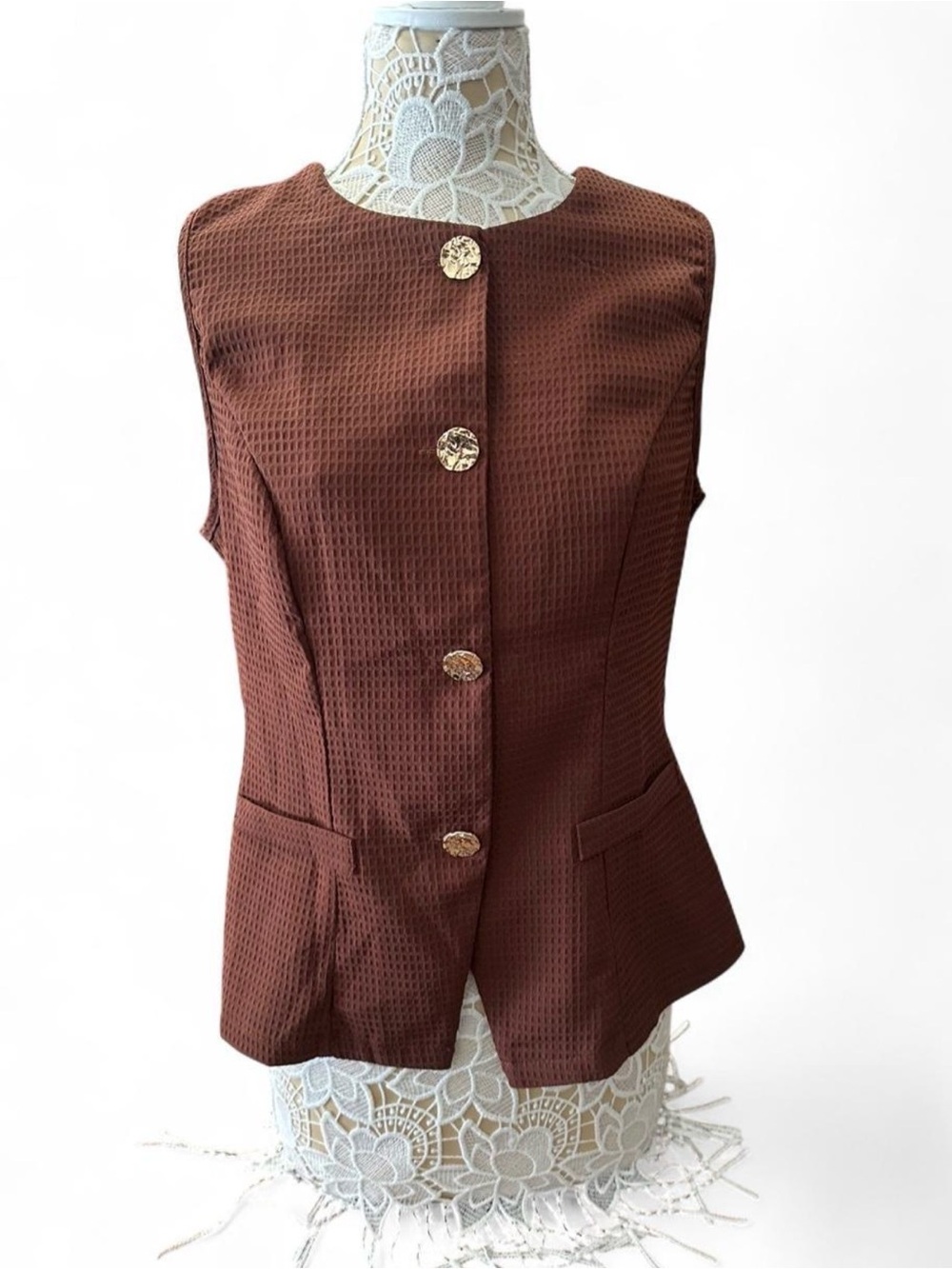Structured Brown Sleeveless Vest with Gold Buttons